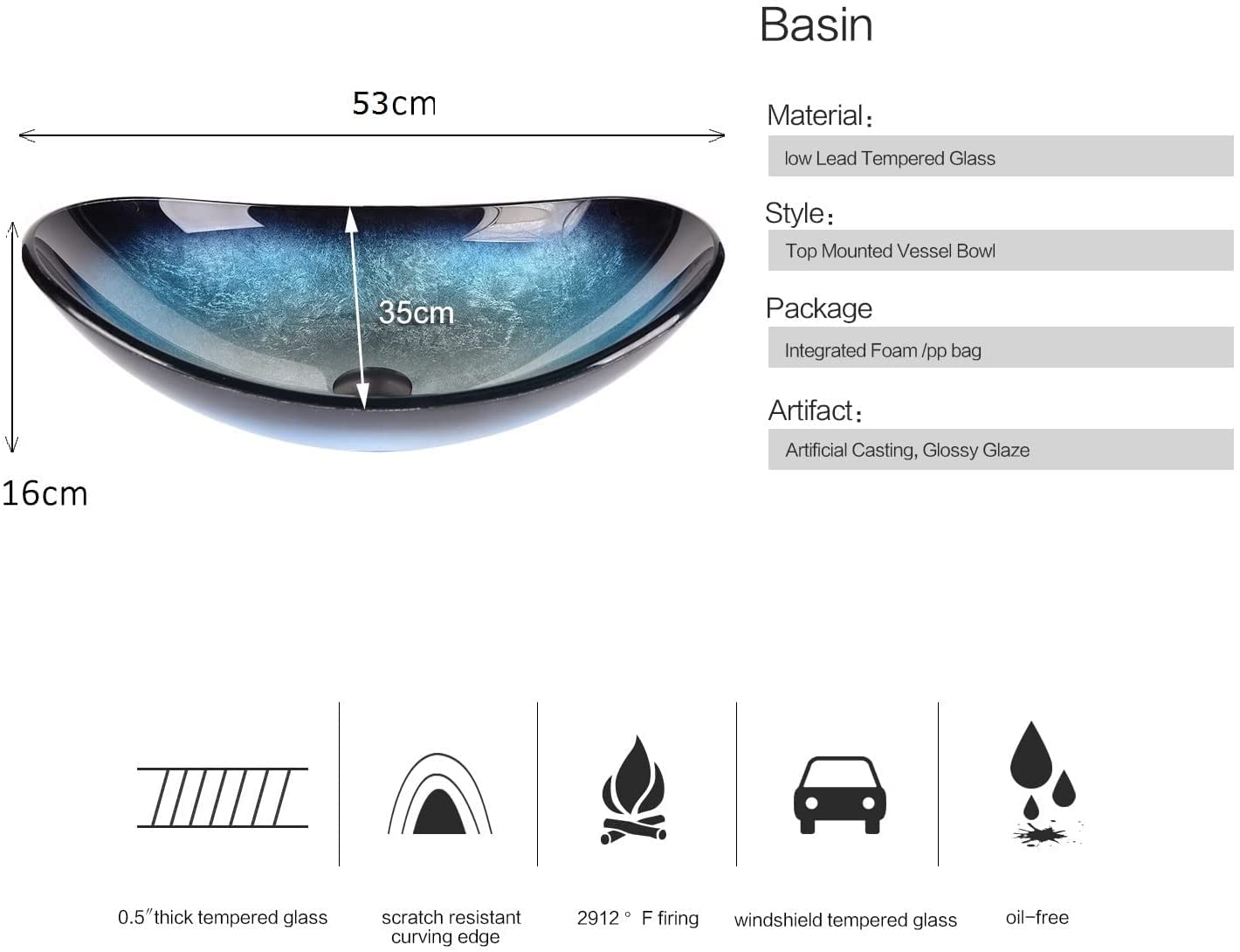 ARTETHYS glass countertop sink with faucet drain, oval washbasin washbasin set in blue, black, for bathroom, kitchen, guest WC.