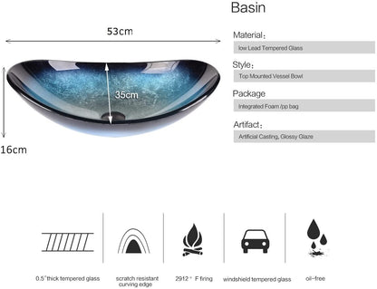 ARTETHYS glass countertop sink with faucet drain, oval washbasin washbasin set in blue, black, for bathroom, kitchen, guest WC.