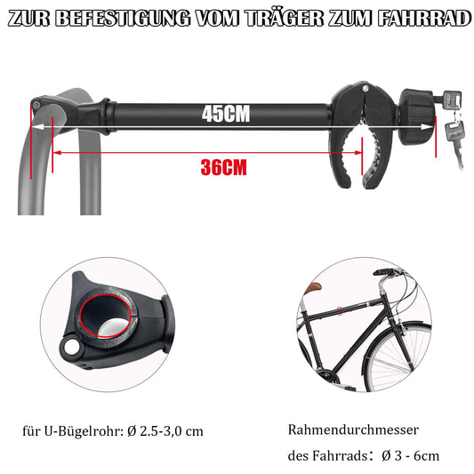 Sorlpv frame holder for bike carrier 45cm length, universal short bike frame holder lockable, frame holder for U-bar tube: Ø 2.5-3cm, for bike frame diameter: Ø 3-6cm.