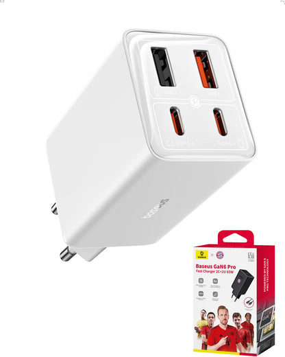 Baseus USB C charger, 65W GaN 6 USB C wall charger fast charger for MacBook Pro, iPad Pro, Steam Deck, Dell XPS 13, iPhone/Galaxy, Pixel, tablets, white