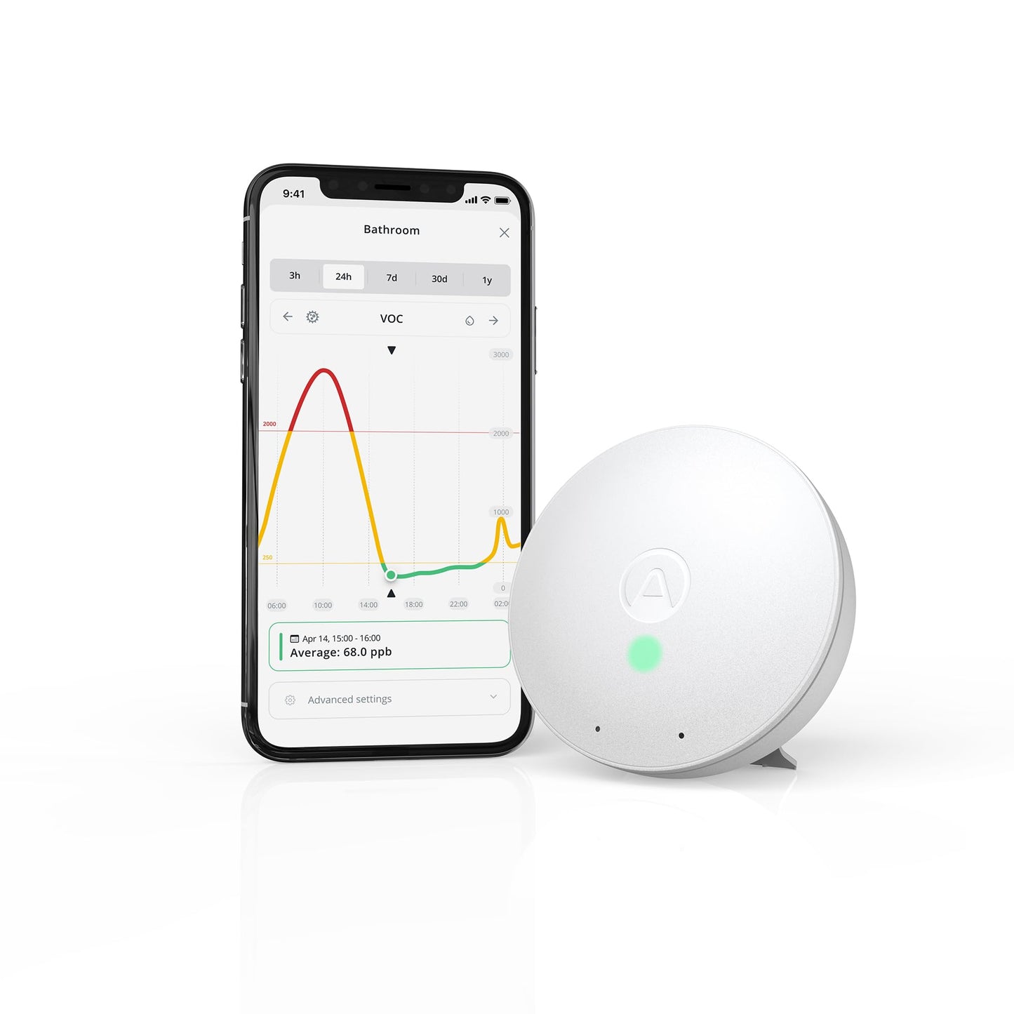 Airthings 292 Wave Mini - Compact and smart air quality monitor for temperature, humidity, and airborne chemicals (VOCs) with mold risk indicator.