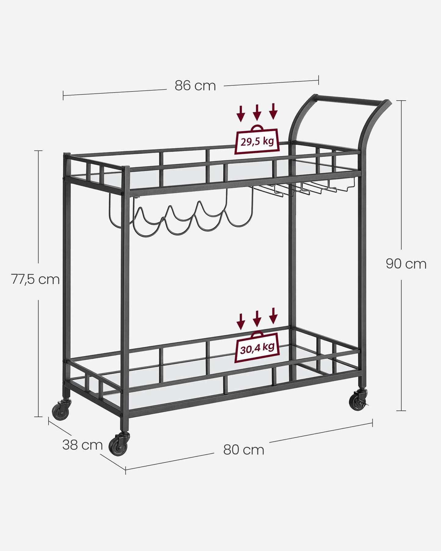 VASAGLE serving cart, rolling cart, glass holder, 2 mirrored glass shelves, bar cart, wine cart, for kitchen, dining room, bar, black LRC090B62