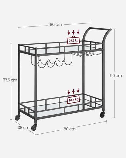 VASAGLE serving cart, rolling cart, glass holder, 2 mirrored glass shelves, bar cart, wine cart, for kitchen, dining room, bar, black LRC090B62