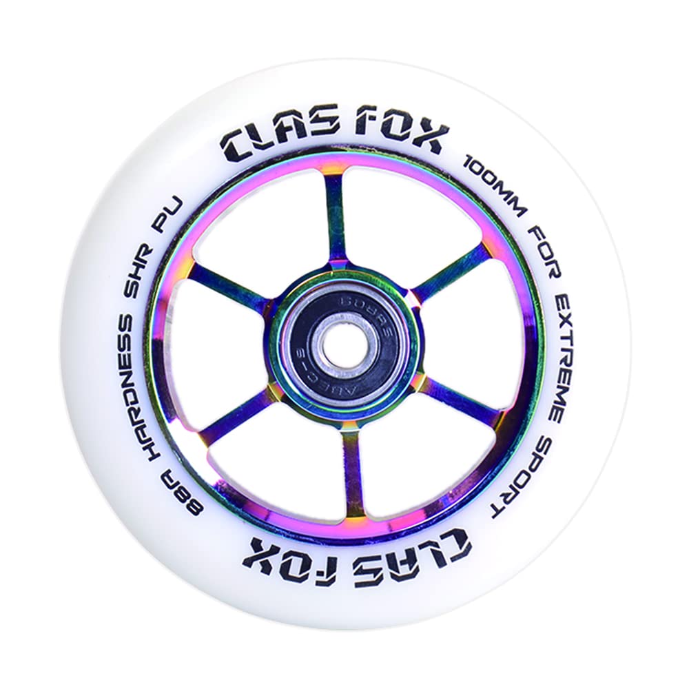 CLAS FOX Pro Stunt Scooter Wheels 100mm One Pair with ABEC-9 Bearings CNC Metal Core Graviti (2 pieces) (White-Rainbow)
