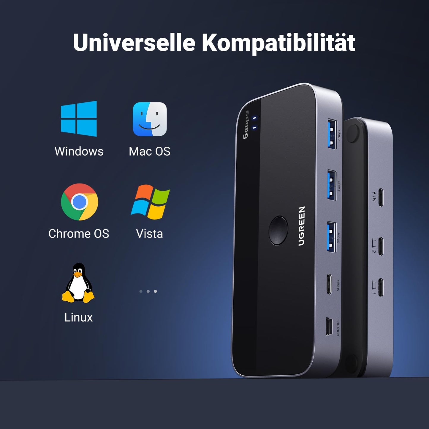 UGREEN USB C Switch 2PC USB Switch 3.0 with 1xUSB C Port and 3xUSB A Ports, 2 In 4 Out USB-C Switch USB Switch Aluminum Case with 2 USB-C to A/C cables for keyboard, mouse, printer, USB stick, etc.