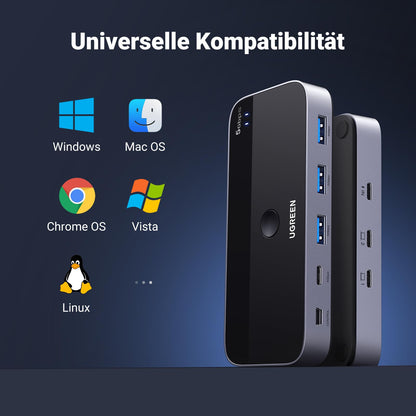 UGREEN USB C Switch 2PC USB Switch 3.0 with 1xUSB C Port and 3xUSB A Ports, 2 In 4 Out USB-C Switch USB Switch Aluminum Case with 2 USB-C to A/C cables for keyboard, mouse, printer, USB stick, etc.