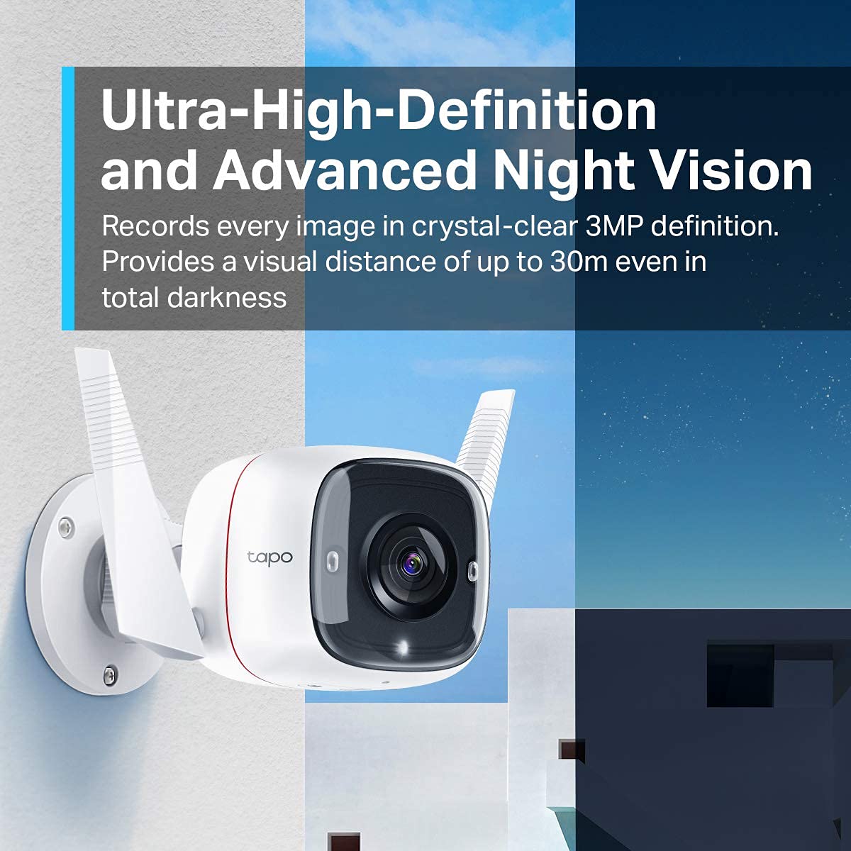 Tapo TP-Link C310 Outdoor Surveillance Camera, WiFi IP Camera, 3MP High Resolution, 30m Night Vision, Motion Detection, IP66 Waterproof, Alarm Notification, Two-Way Audio, Supports Alexa & Google Assistant.