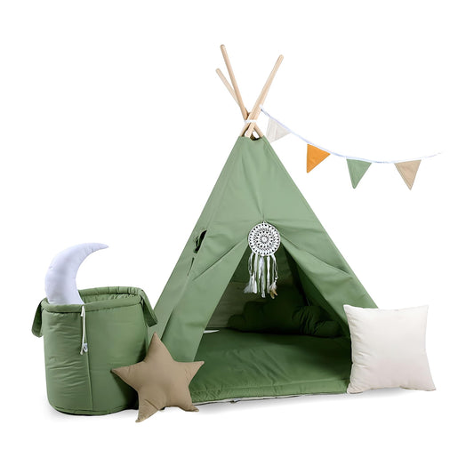 Children's Teepee Tipi Set for kids, indoor/outdoor play tent, 8 elements including teepee, Indian tipi with window, etc. (with accessories forest spirit)