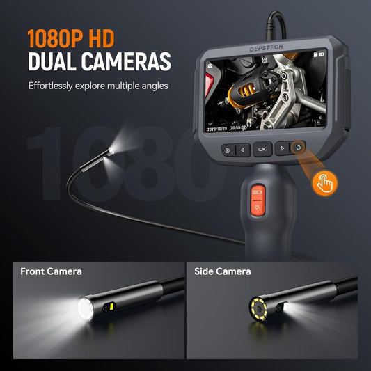 DEPSTECH Endoscope Camera with Light, 1080P Dual Lens Inspection Camera with 4.3 inch IPS Screen, IP67 Waterproof for Industrial/Home Inspections, 5m Pipe Inspection Snake Camera.