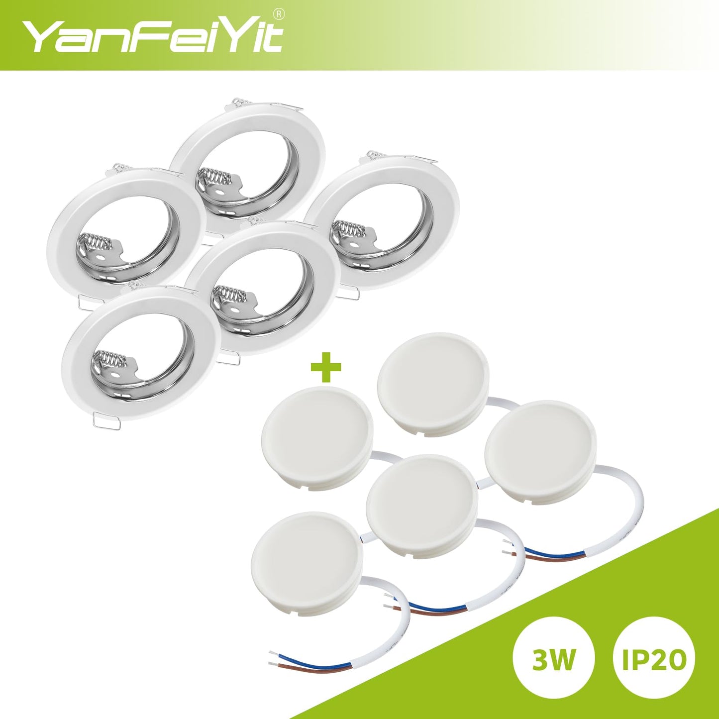 YanFeiYit 5x LED recessed spotlights - Chrome 3 Watt 230V dimmable Ø 52-71 mm cutout - Ceiling spotlight Ceiling recessed spotlight Ceiling spot Ceiling recessed light (Warm white 3000K)