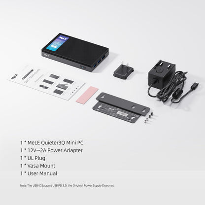 MeLE Quieter3Q Mini PC fanless Celeron N5105 16GB 512GB Micro Desktop Computer w/ Gigabit Ethernet, USB-C PD, WiFi 6, IPXE, 2X HDMI2.0, 4K Dual Display, Vesa-Mount.