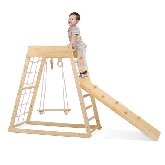 Indoor climbing frame for toddlers made of high-quality pine wood. Features a 7-in-1 set with climbing frame, triangular climbing ramp, slide, swing, rope ladder, rock wall, and dome.