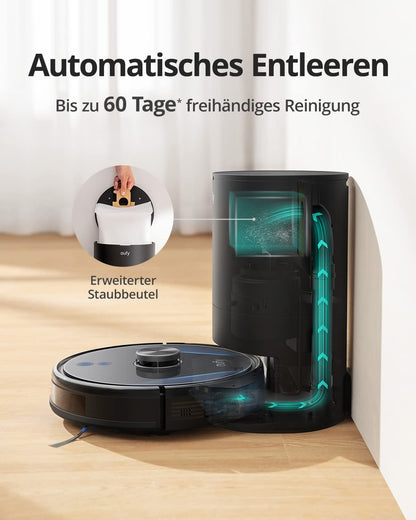eufy RoboVac LR30 Hybrid+ robot vacuum with disposal station, mopping function, 60-day capacity, iPath laser navigation, 3000Pa suction power, multi-floor mapping, app control, Alexa compatible.