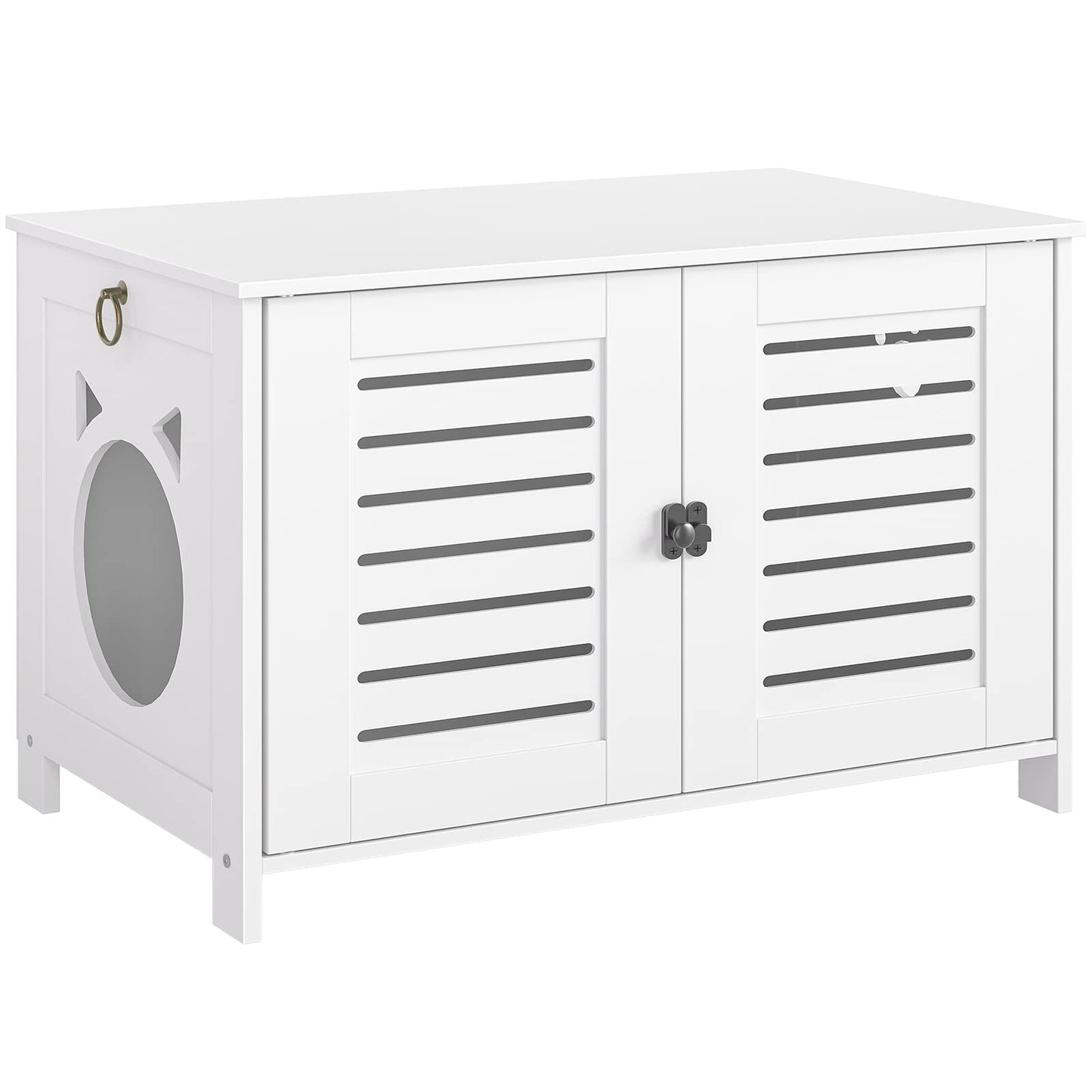 HOOBRO Cat Litter Box Cabinet, Wooden Cat Litter Box with Blinds Style Inside, Cute Cat Head Shaped Door Entry, 60 x 45 x 50 cm, White EWT60MW01
