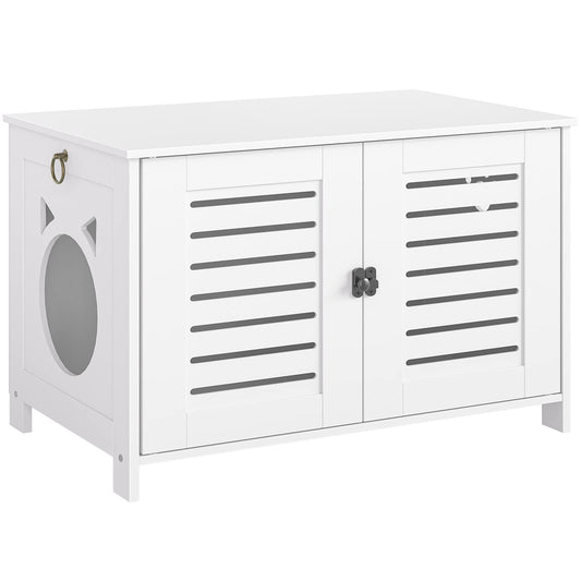HOOBRO Cat Litter Box Cabinet, Wooden Cat Litter Box with Blinds Style Inside, Cute Cat Head Shaped Door Entry, 60 x 45 x 50 cm, White EWT60MW01