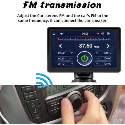 Sunweyer Wireless Carplay & Android Auto Screen, portable car radio, 7-inch IPS touchscreen display, supports 1080p backup camera & Bluetooth/AUX/FM transmitter.