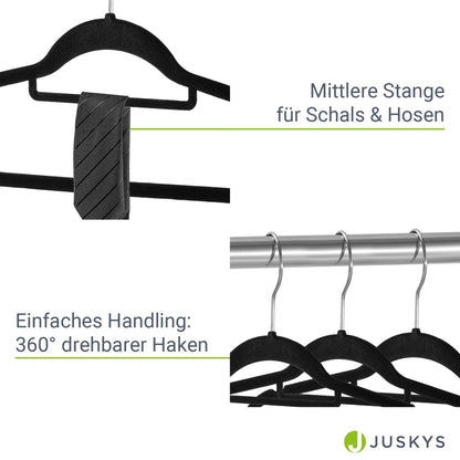 Juskys Velvet Hangers 50-piece Set - nonslip, slim, space-saving - flocked velvet hangers - swivel hooks - 50 Black Hangers