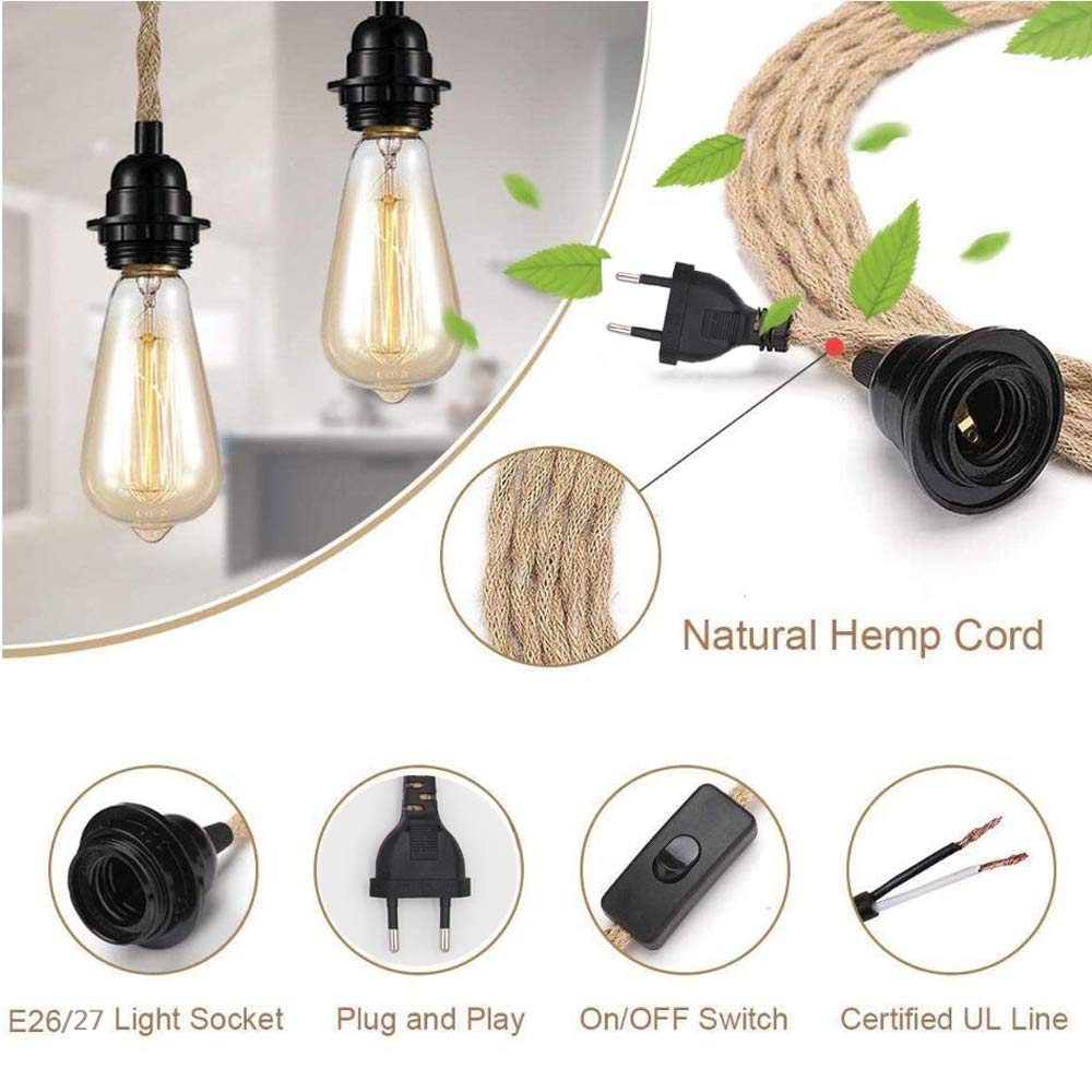Hemp rope pendant light kit with switch and EU plug, 3 lights hanging lamp E27 socket with 8.5m textile cable vintage industrial pendant light for kitchen dining table, no bulb included.