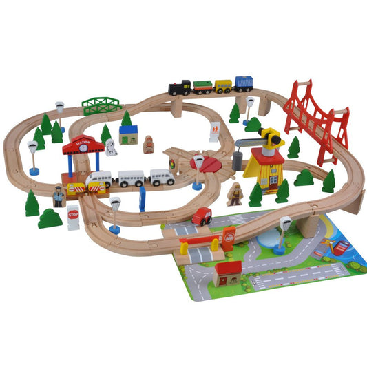 Bandits & Angels Wooden Train Set 100 pieces with base plate for ages 3 and up for boys and girls - Wooden train set with 100 pieces - includes 2 trains and base plate - train set for kids