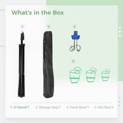 IV stand with 4 hooks and 3 mesh bags, collapsible tripod for IV infusion stands, portable mobile infusion bottle stand