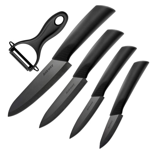 Ankway Ceramic Knife Set with Protective Cover 5 Pieces, 2023 Knife with Peeler Kitchen Knife Set Knife Cutting Knife Chef's Knife Sharp Cake Knife for Meat Fruit Vegetables, Black.