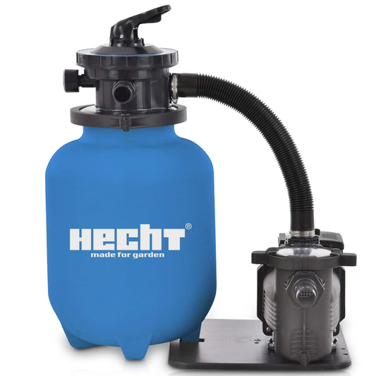 HECHT sand filter systems with a capacity of 11,000 liters, suitable for garden pools. Includes a cleaning pump and a pre-filter for thorough pool cleaning. Features a 7-way valve for easy operation.