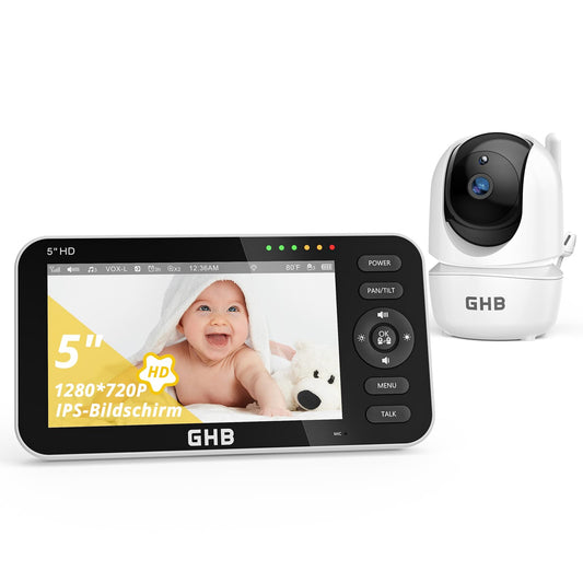 GHB Baby Monitor with Camera 5 Inch 720P HD IPS Display Baby Monitor Camera VOX Mode Two-way Talk Night Vision Temperature Display Model 2023