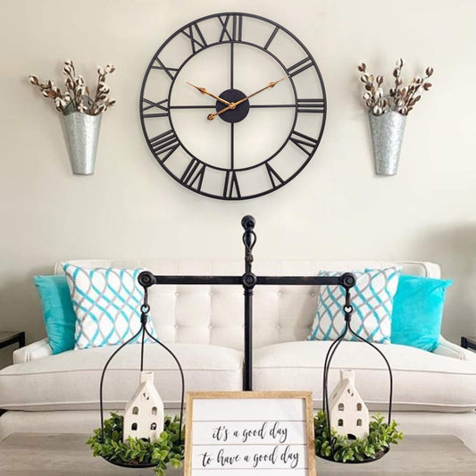 Large Vintage Wall Clock, European Industrial Retro Clock with Roman Numerals, Silent Metal Clock Without Ticking Noise, Decorative Wall Clock for Kitchen, Living Room, Bedroom, Office - 50cm