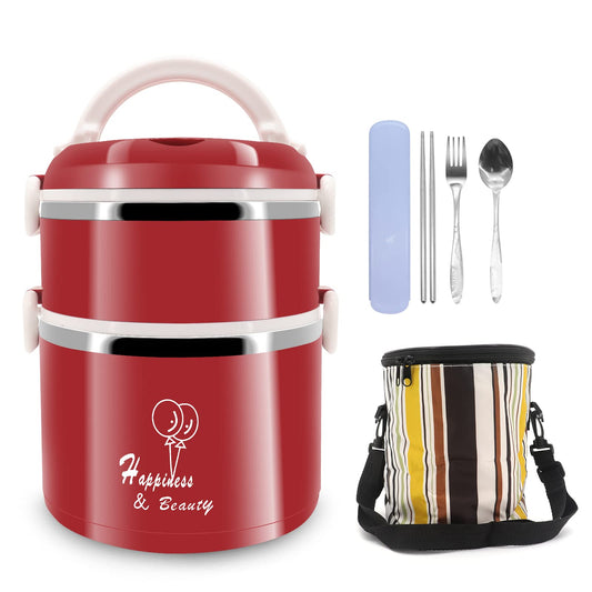 Beowanzk Thermal Lunch Box, Stainless Steel Bento Box with compartments for adults and kids, Leak-proof Insulated Lunch Box Bento Box BPA-free with carrying bag (Red)