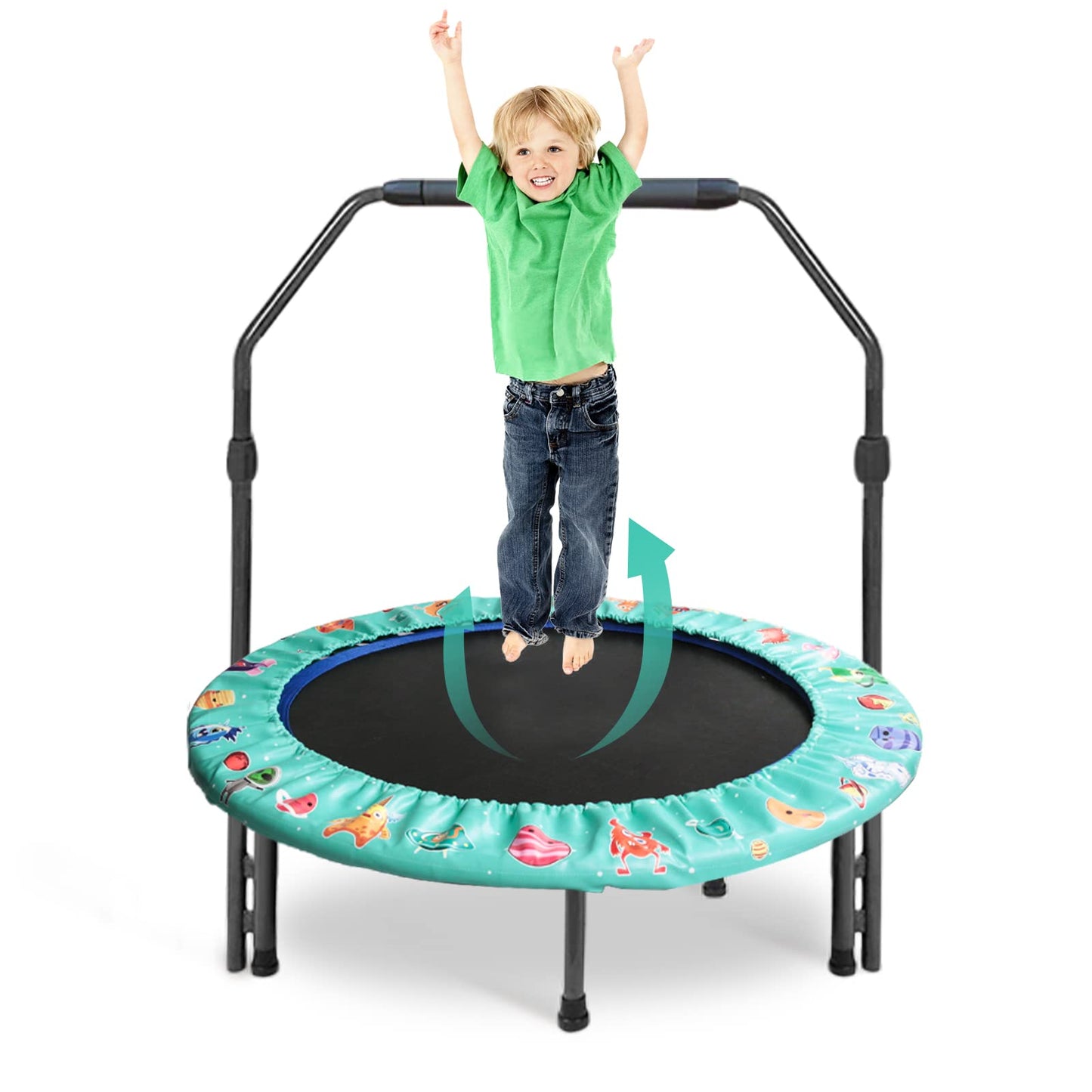 Kids trampoline, Ø approx 92cm Mini trampoline Foldable with detachable and adjustable handle, safe padding, garden trampoline indoor outdoor for children aged 3+ (Green)