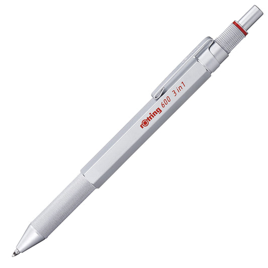 Rotring 600 3-in-1 writing instrument with ballpoint pen and mechanical pencil. Ballpoint pen with 2 fine tips (black and red ink) and 1 mechanical pencil with 0.5mm lead. Silver color.