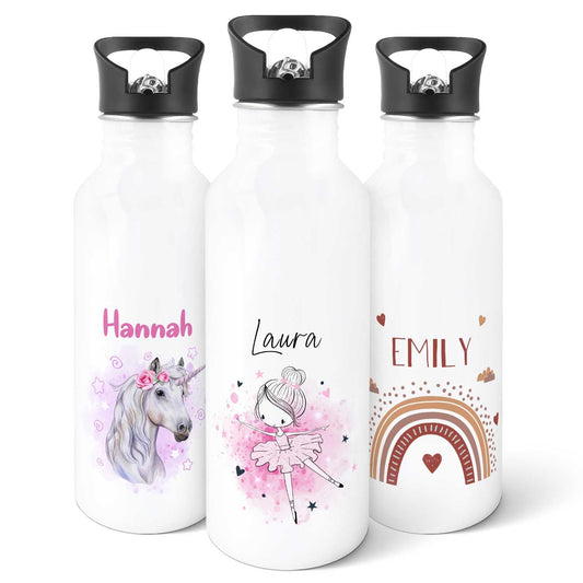 ENGRAVING LINE - Stainless steel water bottle - Ballerina design - Personalized with name - 600 ml - Leak-proof with flip-up spout and integrated straw.