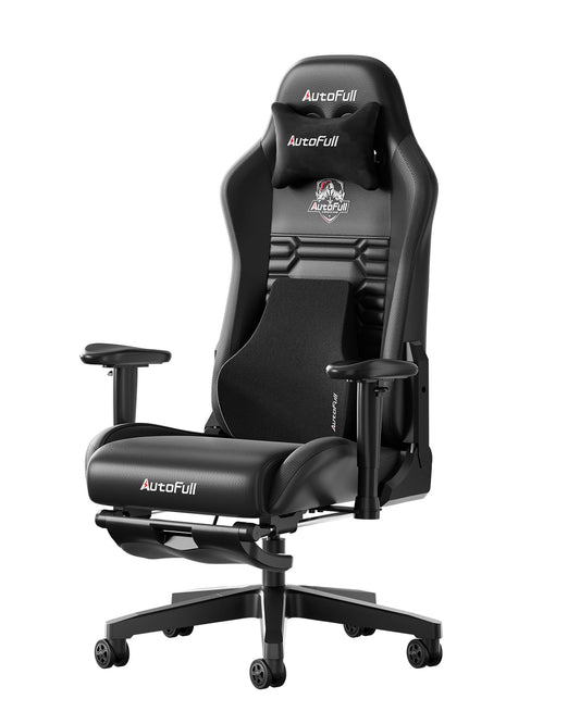 AutoFull C3 Gaming Chair, Ergonomic Gaming Chair with Lumbar Support, Height Adjustable & Tilt Function, Gaming Chairs with Footrest, 150 kg Capacity, Racing Seat Design PU Leather (Black)