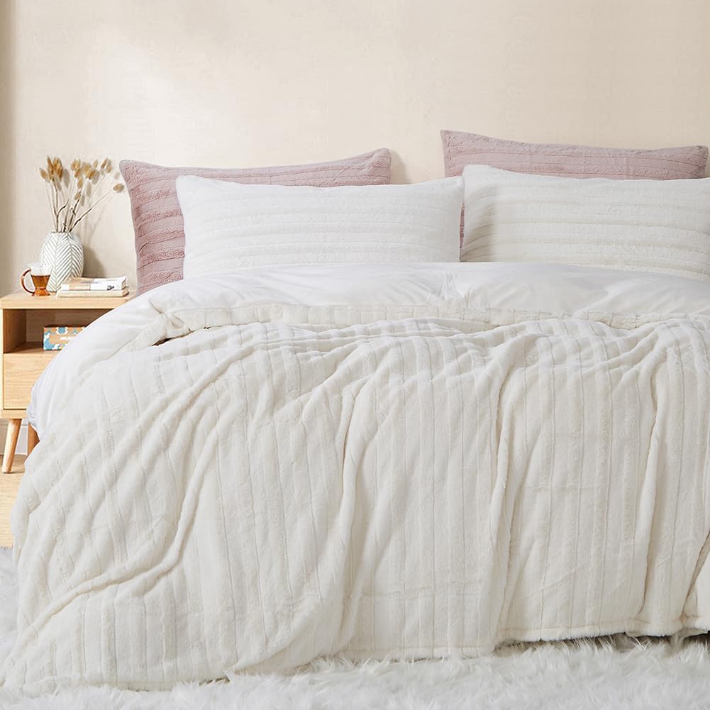 Nayoroom Plush Bedding 200x200 Cream White Winter Warm Fluffy Fleece Duvet Cover and 2 Pillowcases 80x80 cm Oeko-Tex Certified Super Soft Winter Bedding Set Zipper