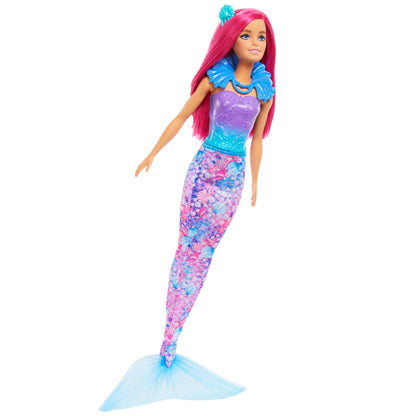 Barbie Advent calendar with doll and 24 surprise accessories including unicorn and 3 animals. The fashion doll with pink hair can transform into a mermaid, fairy, and more.