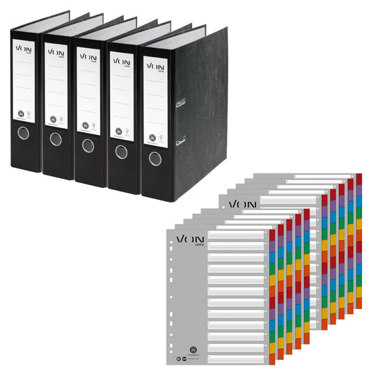 Leitz set of folders with dividers, 5-pack A4 folders made of 100% recycled cardboard, holds 600 sheets, 80mm spine width, black, 10531095 & 10-pack 12-part dividers made of 100% recycled cardboard, 13010000