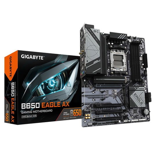 GIGABYTE B650 Eagle AX Motherboard - AMD Ryzen 9000 series, 12+2+2 phase VRM, up to 7600 MHz DDR5 (OC), 1xPCIe 5.0 + 2xPCIe 4.0 M.2, GbE LAN, WiFi 6E, USB 3.2 Gen 2