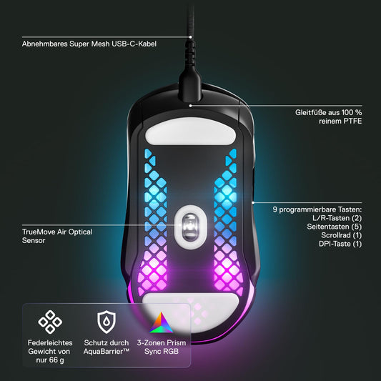 SteelSeries Aerox 5 - RGB gaming mouse with surface cutouts - Lightweight and water-resistant - Optical TrueMove Air sensor with 18,000 DPI.