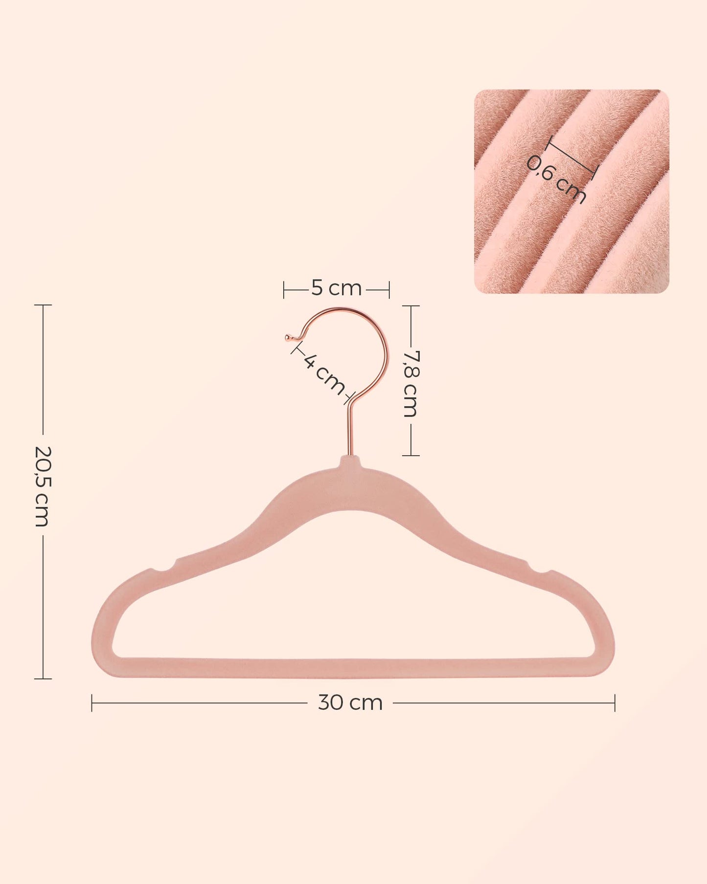 SONGMICS Kids Velvet Hangers, Set of 50 Baby Hangers with 360° Rotatable Hook in Rose Gold, Space-Saving and Non-Slip, for Closet Organization, Pastel Pink CRF027P01