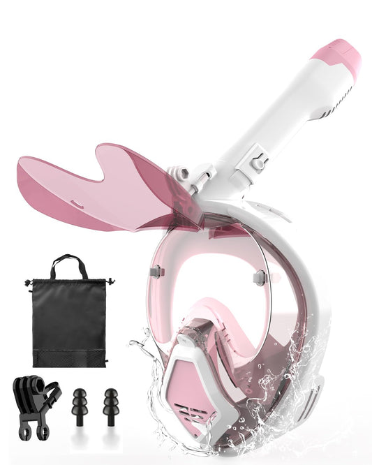 Adult snorkel mask, diving equipment for men with fish gill design. Compatible with sports cameras, foldable sunglasses, 180-degree view. Includes glasses holder. (M-Pink)
