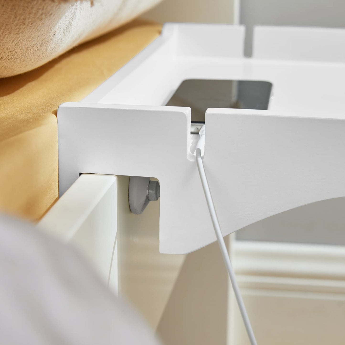 SoBuy clamp shelf for the bed with cable management - Bamboo nightstand for books, smartphones & glasses, 36x25x9cm White NKD01-W