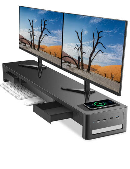 Meantty 3-in-1 Dual Monitor Riser with 2 drawers, wireless charging pad & 4 USB ports - metal screen stand for computer, laptop & accessories, supports charging & data transfer.