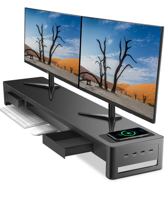 Meantty 3-in-1 Dual Monitor Riser with 2 drawers, wireless charging pad & 4 USB ports - metal screen stand for computer, laptop & accessories, supports charging & data transfer.