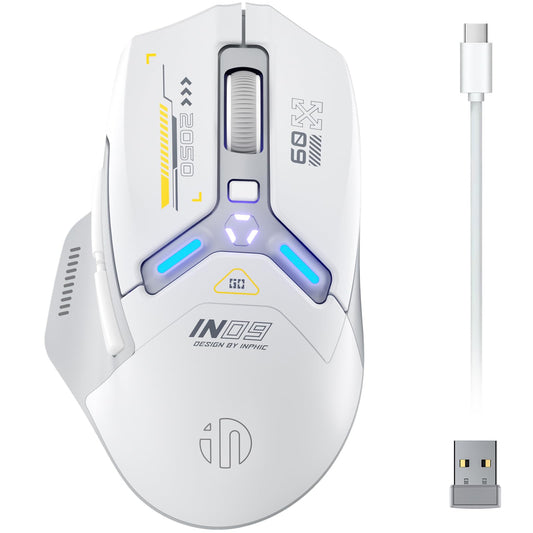Inphic IN9 Gaming Mouse wireless, real Tri-Mode 2.4G Wireless/Type-C Wired/Bluetooth Mouse, 10k DPI, fully programmable, RGB lighting, Hyperspeed rechargeable wireless mouse for laptop PC.