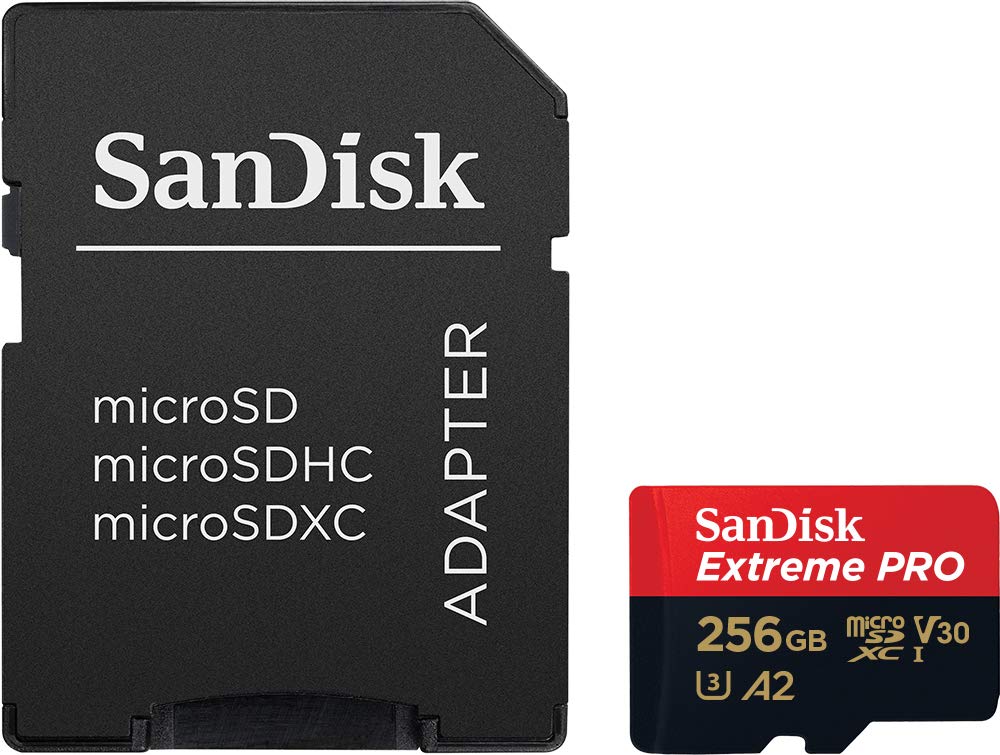 SanDisk Extreme PRO microSDXC UHS-I Memory Card 256GB + Adapter & RescuePRO Deluxe (For smartphones, action cameras, or drones, A2, Class 10, V30, U3, 200MB/s transfer)