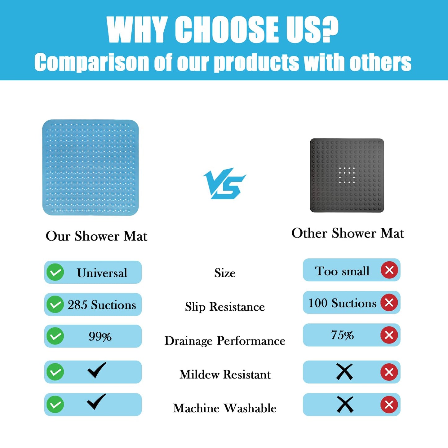 Non-slip 80x80 shower mat with suction cups, PVC shower mat with anti-slip features, non-slip shower insert.