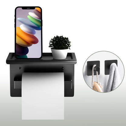 Acmetop toilet paper holder without drilling, aluminum TP holder with 17 cm shelf. Self-adhesive toilet paper holder with 2 adhesive hooks for wall mounting. Toilet roll holder for kitchen and bathroom in black.
