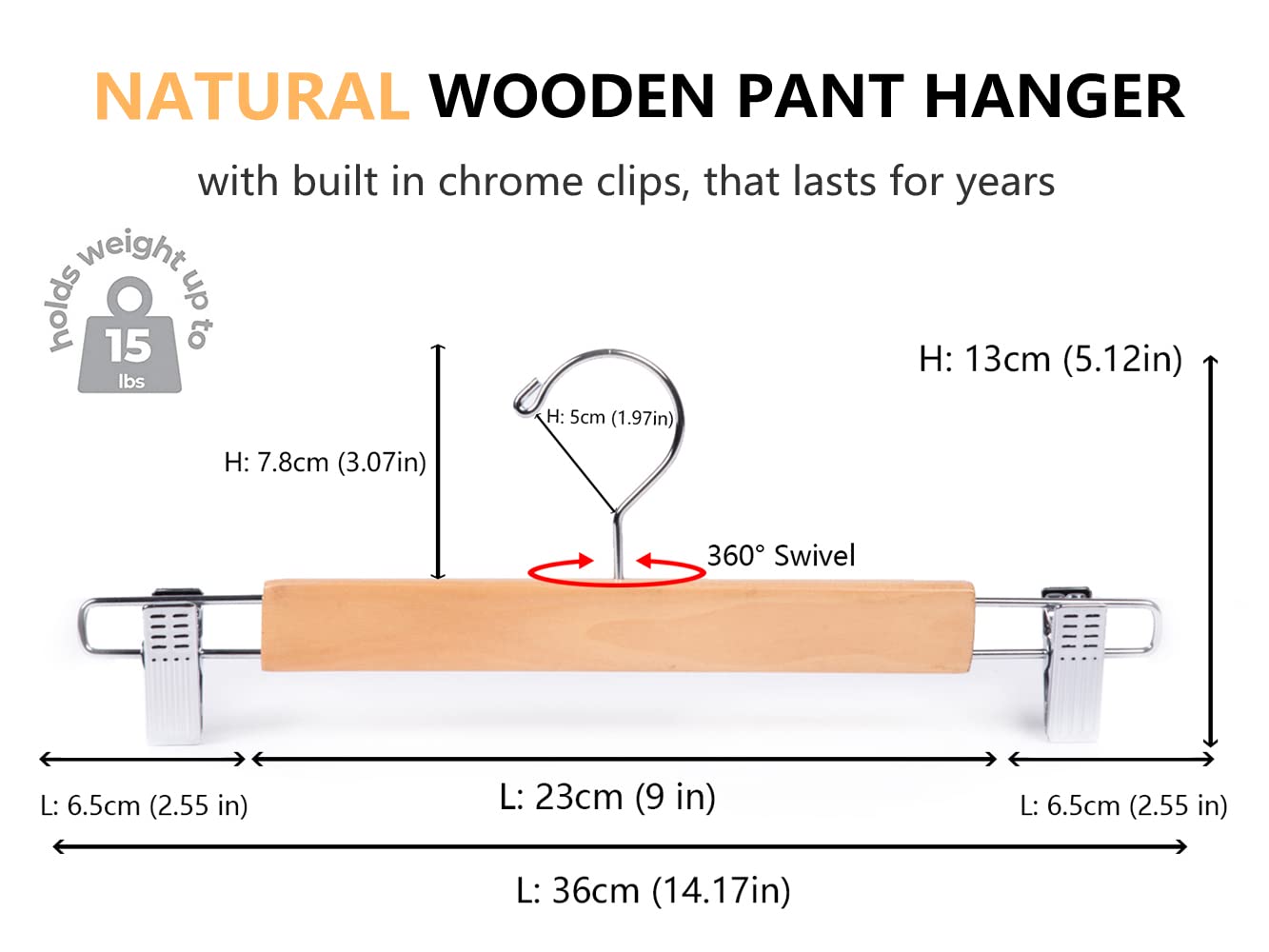 Amber Home 10PCS 36cm Natural Wood Hangers, Sturdy and Glossy Pants Hangers for Trousers Shorts Skirt Socks Underwear, with Non-slip Clips and Swivel Hook