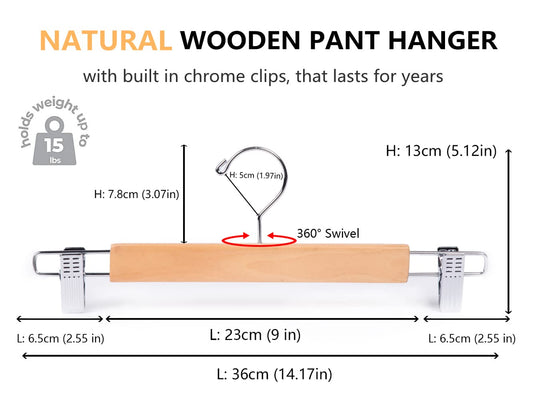 Amber Home 10PCS 36cm Natural Wood Hangers, Sturdy and Glossy Pants Hangers for Trousers Shorts Skirt Socks Underwear, with Non-slip Clips and Swivel Hook