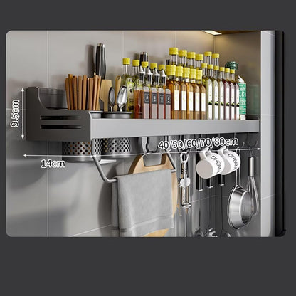 Spice rack, hanging spice rack, spice racks kitchen shelf wall without drilling, spice organizer with knife slot, hooks, cup, kitchen shelf wall for spices, black, 60cm